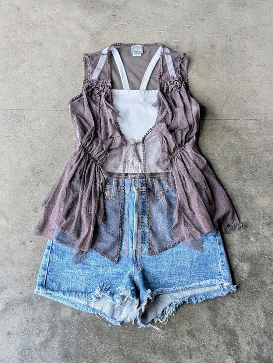 Daytrip Tops - Daytrip Fairycore Whimsigoth Gray Sheer Lace Mesh Sleeveless Top small